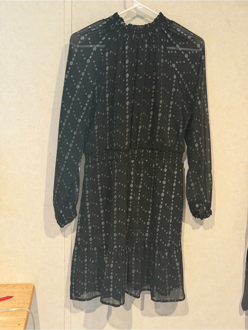 Time and Tru Black Long-Sleeve Smocked Waist Dress with White Dot Print